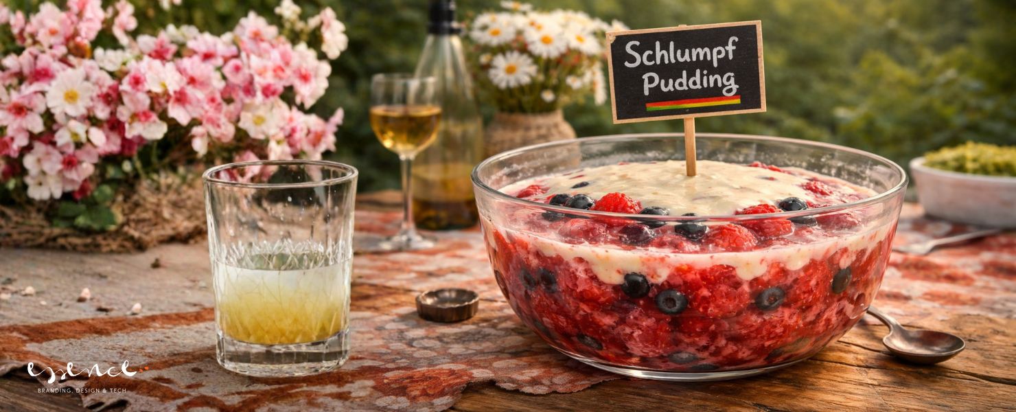Runny fruit pudding in a glass bowl with cream and a small “Schlumpf Pudding” sign, illustrating how branding and presentation can change perception of a product